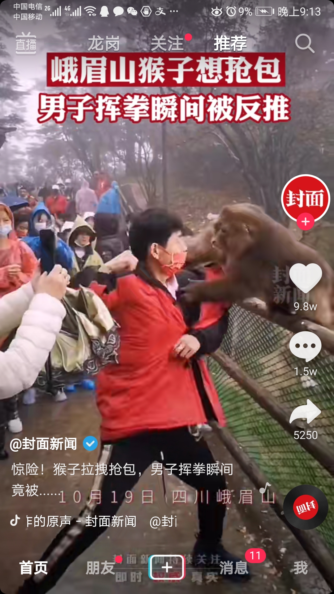 猴子抢夺游客包挥拳反被猴子强推